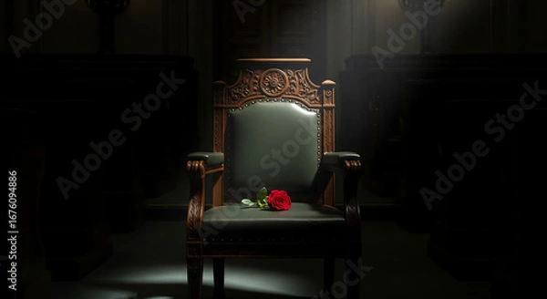 Fototapeta Regal Ornate Wooden Throne Chair with Single Red Rose Lit by Dramatic Spotlight in a Dark, Mysterious Setting
