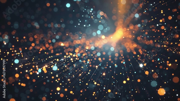 Fototapeta Streams of neutrino particles traverse a dark expanse, creating an abstract display of light and energy