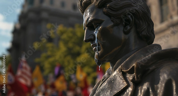 Fototapeta Weeping Bronze Statue Amidst a Crowd