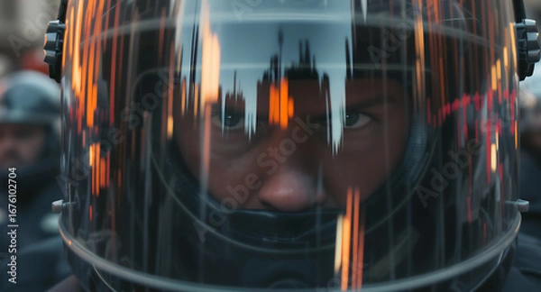 Fototapeta Intense Gaze of a Law Enforcement Officer in Riot Helmet, Reflecting an Urban Environment and City Lights on the Visor