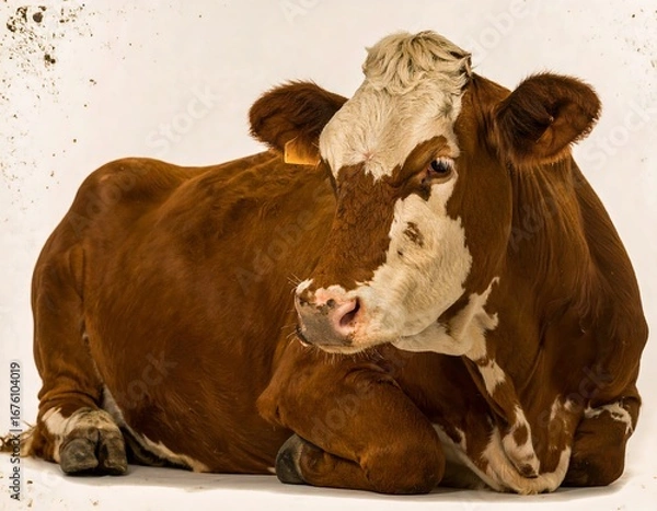 Obraz A brown and white cow lying down, studio shot