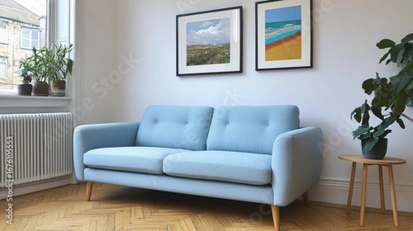 Fototapeta Light blue sofa in a modern living room.