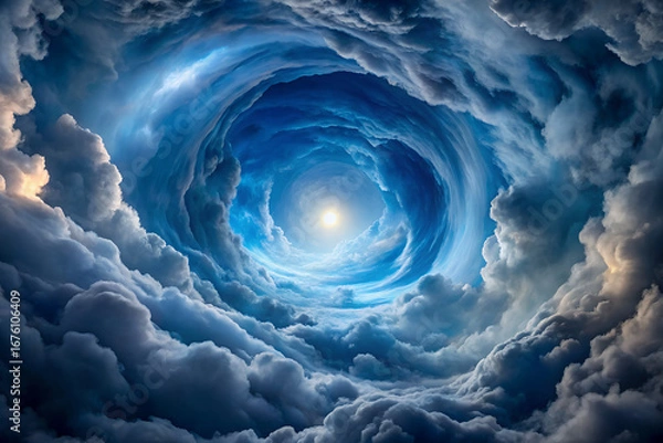 Obraz Swirling blue clouds with bright light isolated on white background