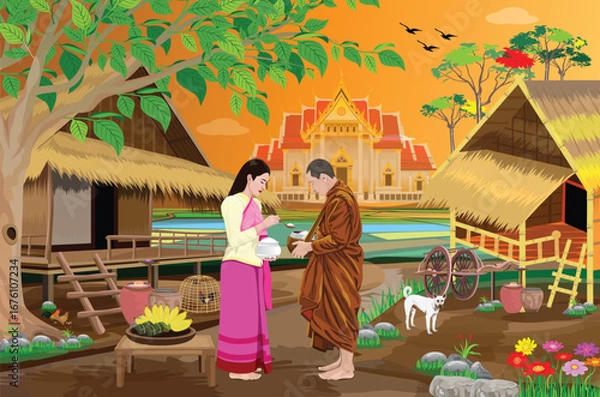 Fototapeta A female lay devotee is giving alms to the monks.vector design