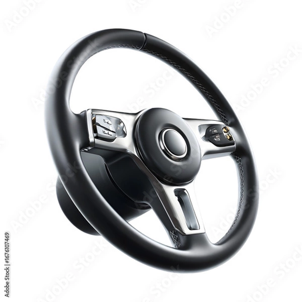 Fototapeta Modern car steering wheel with integrated controls and buttons isolated on transparent background for automotive design and technology concepts