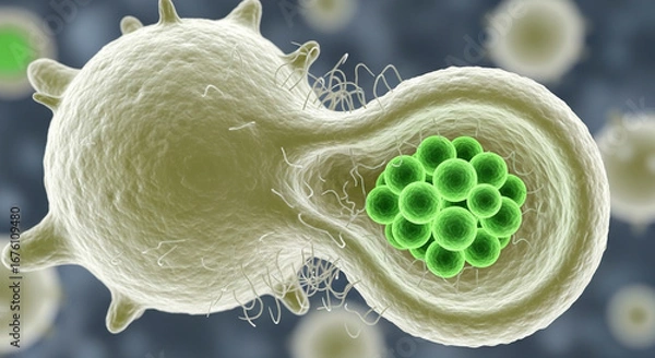Fototapeta Neutrophil white blood cell gradually engulfing green bacteria in a dynamic immune response