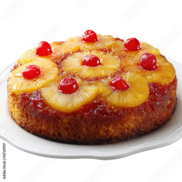Fototapeta delicious pineapple upside down cake adorned with cherries on top, isolated on transparent background