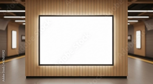 Fototapeta Blank Backlit Billboard Mockup on a Wooden Wall in a Modern Subway Station Platform.
