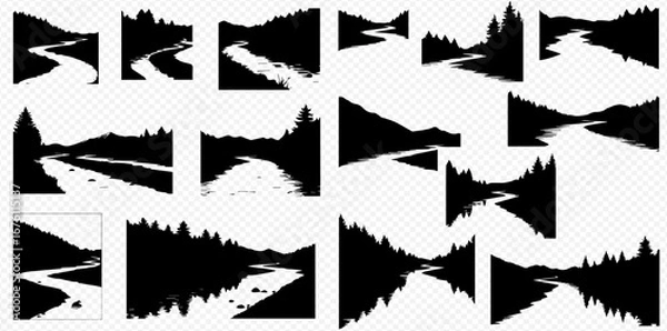 Obraz Collection of black and white river silhouettes, varying in style and perspective.
