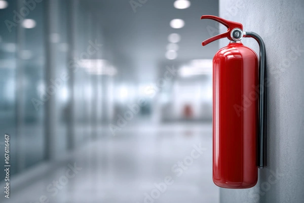 Fototapeta Vibrant red fire extinguisher mounted on a wall for emergency readiness and safety in a modern building.
