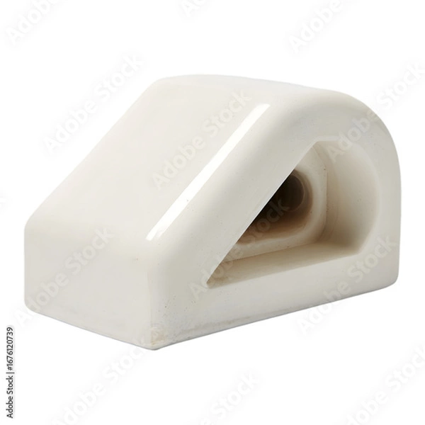 Fototapeta Close up of a single white plastic automotive door latch striker plate with a curved opening isolated on transparent background