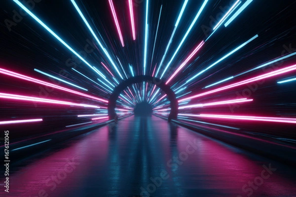 Fototapeta Neon lights create a futuristic portal, suggesting technological advancement and modern design elements.