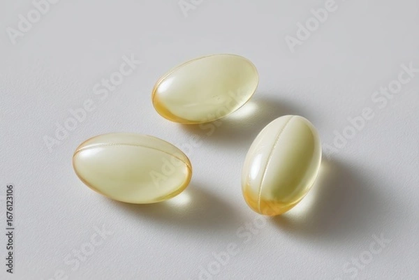 Fototapeta Three pale yellow, translucent capsules, slightly oval, sit on a plain light gray surface
