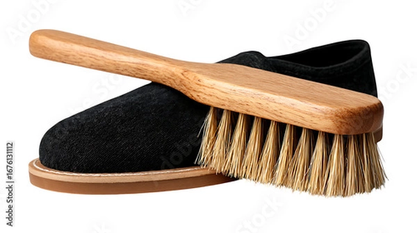 Fototapeta A black slipper with a light brown sole and a cleaning brush on top of it