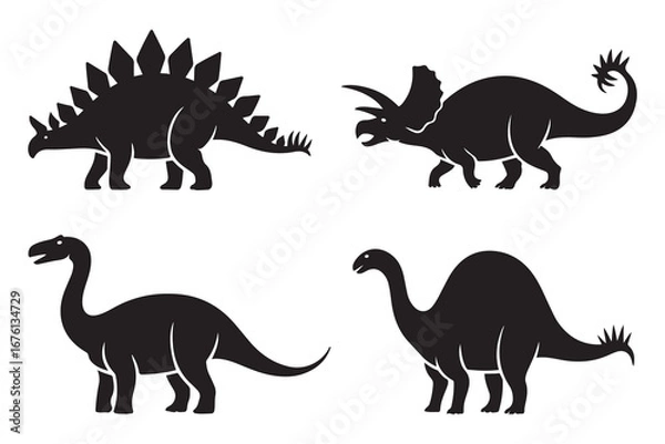 Obraz Dinosaurs black silhouettes set. Collection of stegosaurus, brontosaurus, triceratops, diplodocus, spinosaurus . Vector black silhouette. with white background