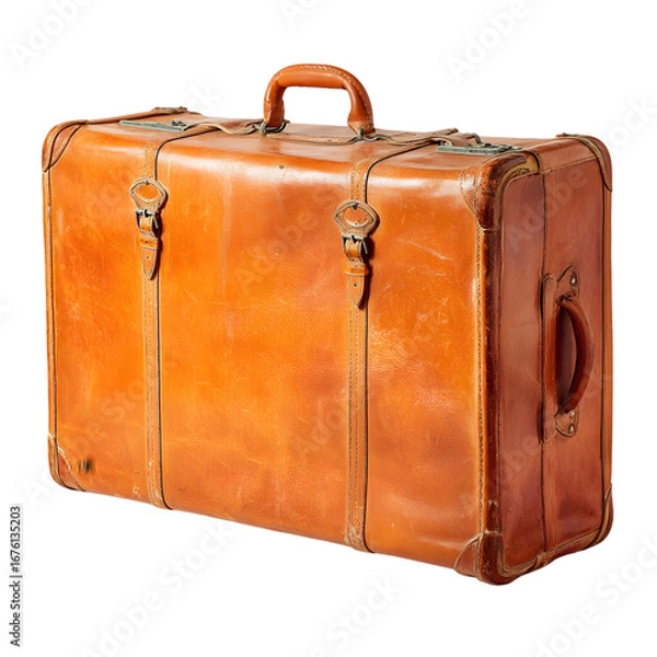 Fototapeta Vintage distressed leather suitcase with buckled straps and sturdy handles isolated on transparent background