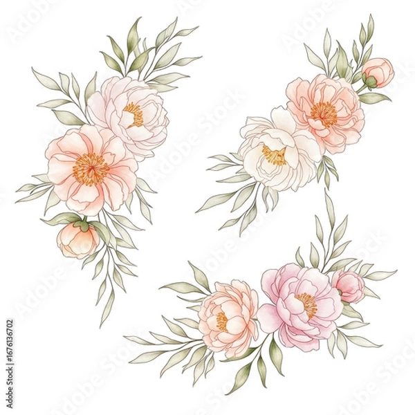 Obraz Elegant watercolor peony floral arrangements for decorative design projects transparent background