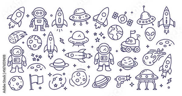 Fototapeta Space doodle seamless pattern with astronaut, rocket, UFO, planets, stars, galaxy, alien, space elements vector illustration