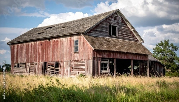 Obraz Rustic Red Barn Surrounded by Lush Grass Under a Dramatic Sky