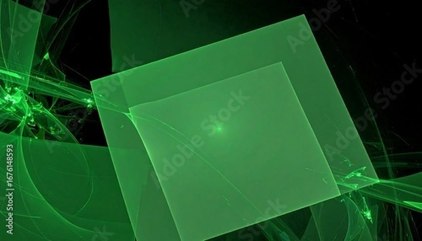 Fototapeta Abstract green squares and flowing lines on black background