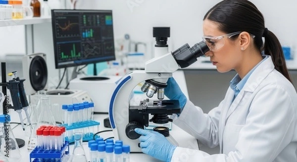 Fototapeta Scientist in lab coat examines specimen through microscope in laboratory