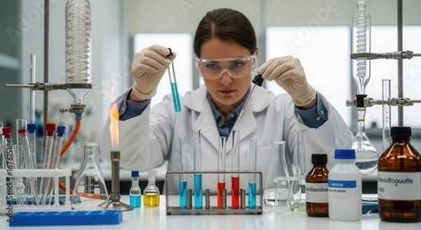 Fototapeta Scientist in lab coat wearing safety goggles uses a pipette with a blue liquidfilled test tube surrounded by lab equipment