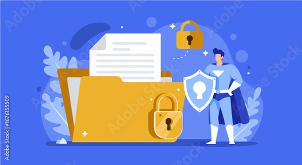 Fototapeta Superhero character protects a file folder with a padlock, shield, and floating lock on a blue background.