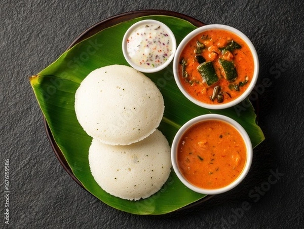 Fototapeta A delicious South Indian meal featuring idli served with sambhar, chutney, and a side of fresh greens on a banana leaf.