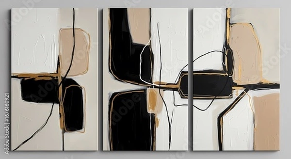 Fototapeta Stunning triptych abstract art with bold black shapes and gold accents provides an elegant focal point for modern interiors and commercial spaces