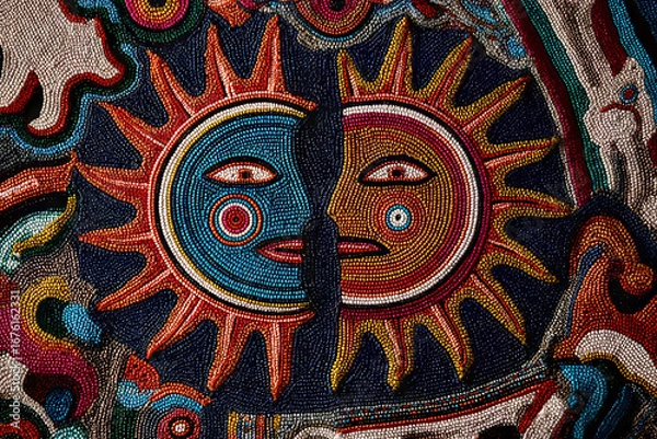 Fototapeta Highly decorative Huichol-inspired sun and moon characters with intricate yarn patterns and symbolic animals, stylized design, ethnic motif.