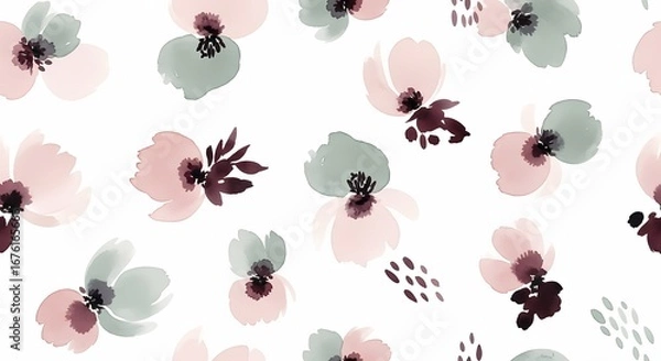 Fototapeta Dreamy watercolor floral pattern with soft pink and sage green hues for creating beautiful fabrics, wallpapers, and elegant stationery