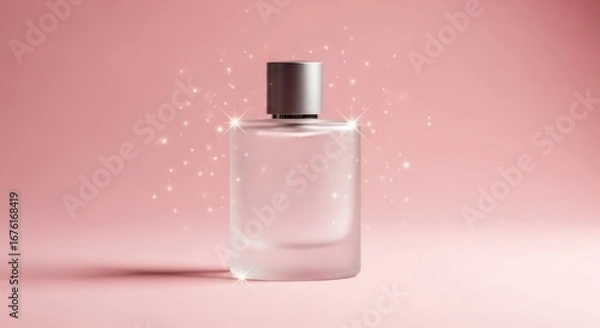 Fototapeta A clear glass perfume bottle sits on a soft pink backdrop, highlighted by shimmering particles, showcasing a glamorous and elegant aesthetic.