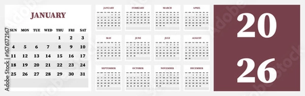 Fototapeta Vector illustration. Calendar for 2026. Week starts on Sunday. Calendar ready for printing. Has 12 months. Stationery design concept.