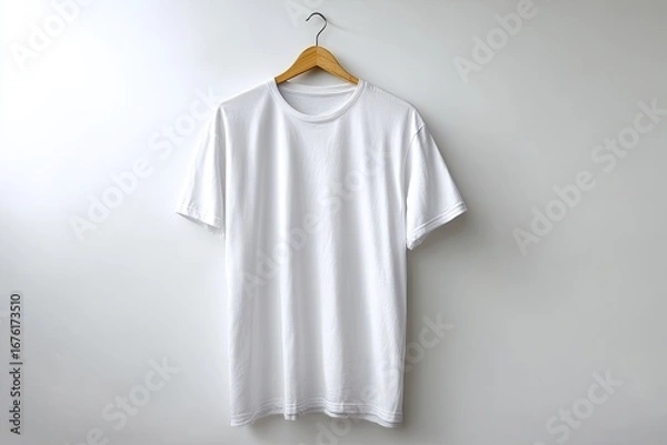 Fototapeta A plain white t-shirt hangs on a wooden hanger against a white wall