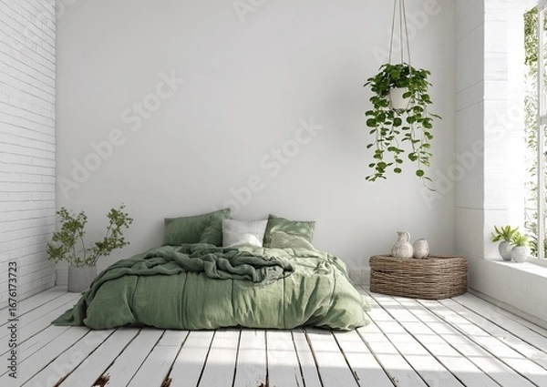 Fototapeta A serene, minimalist bedroom with a muted sage green bed