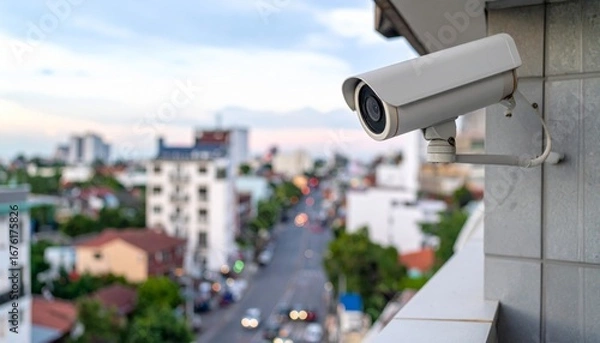 Obraz Surveillance Camera on Building Overlooking Cityscape at Dusk