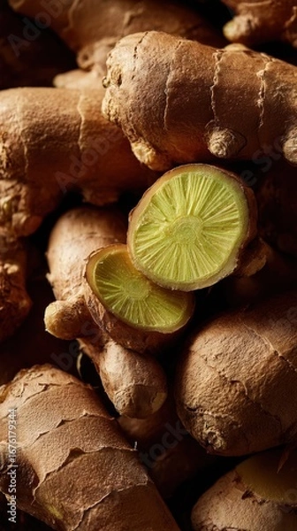 Obraz Close-up view of multiple fresh ginger roots, with one piece cut to reveal its vibrant yellow interior and texture.