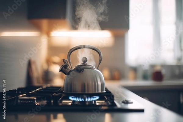 Obraz Steam rises from a shiny metal kettle heating on a gas burner in a cozy kitchen with soft natural light.