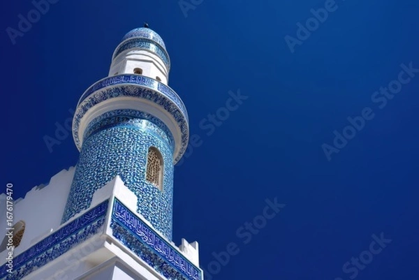 Obraz Beautifully decorated mosque minaret with intricate blue tilework and Islamic architecture, standing tall under a vivid, cloudless sky.