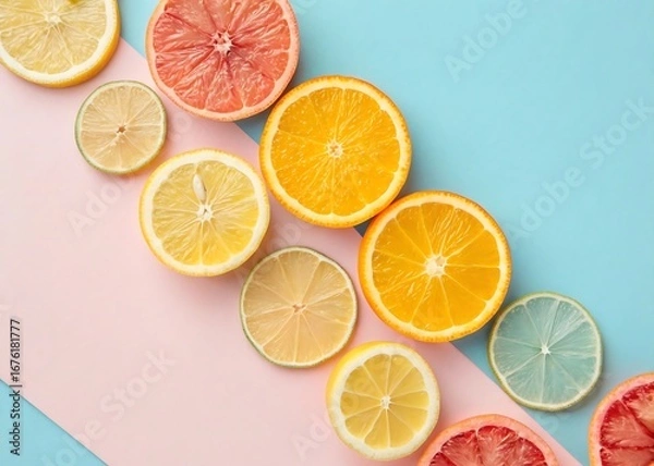 Fototapeta Flat Lay Citrus Slices on Pastel Background
