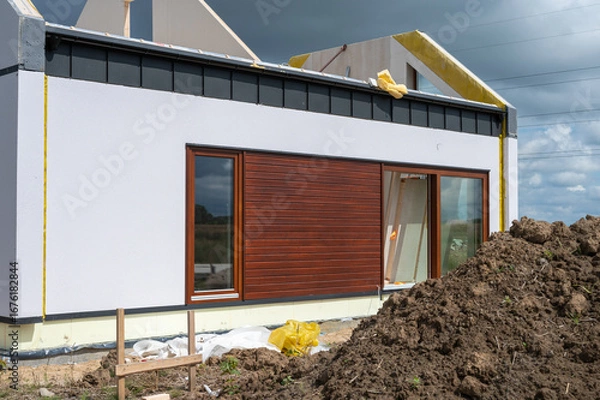 Fototapeta Modern modular house under construction - front view with wooden facade and large windows.