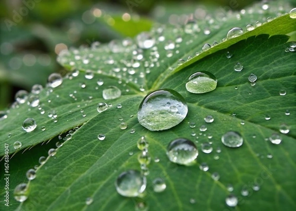 Obraz Fresh Dew Drops on Green Leaf Close Up Style