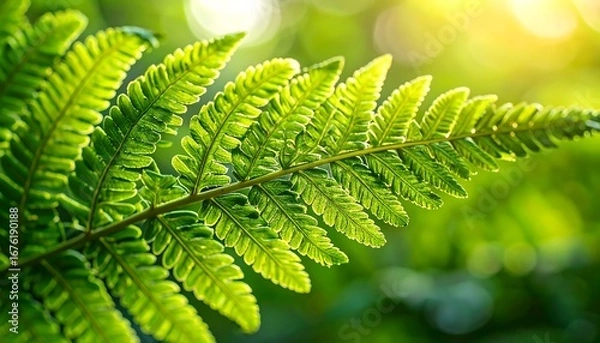 Fototapeta Intricate pattern of a green fern frond backlit by the warm, golden glow of the sun in a tranquil, verdant woodland