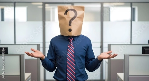 Fototapeta Uncertainty in the Workplace Anonymous Figure with Question Mark and Office Backdrop