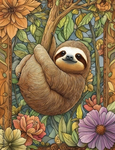 Obraz Sloth hanging among vibrant flowers