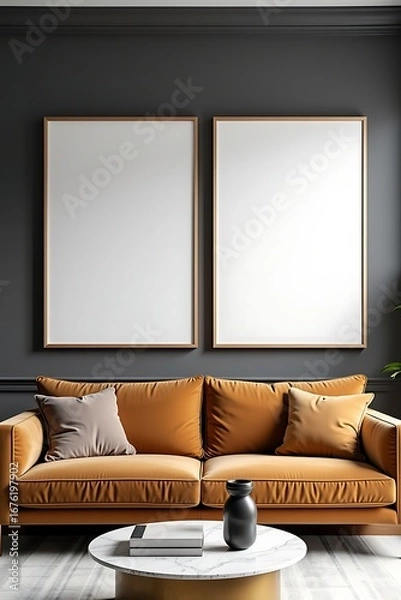 Fototapeta Elegant Living Room with Two Blank Frames Above Velvet Sofa, Ideal for Art Mockups or Interior Design Concepts.                                       