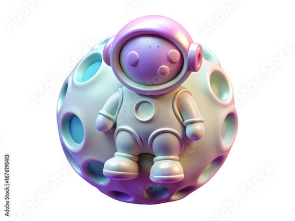 Fototapeta Cute cartoon astronaut leaning on a moon with crater holes in space exploration isolated on background 3d illustration icon isolated on white background