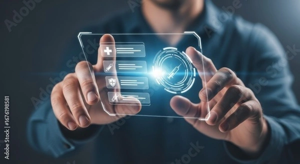 Fototapeta Man interacting with a transparent screen displaying medical icons and a syringe graphic