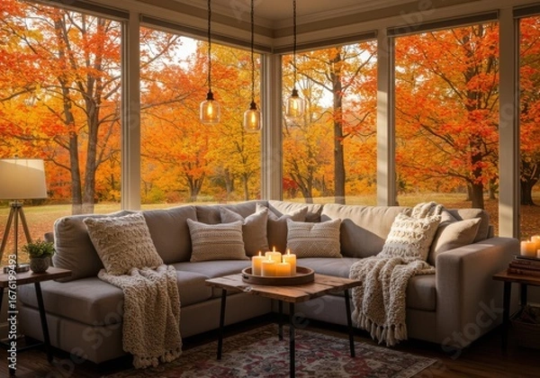 Fototapeta A cozy living room features a sectional couch with a view of autumn trees
