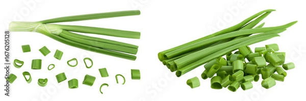 Fototapeta Green onion isolated on the white background. Top view. Flat lay.